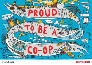 a cartoon of many people working together with the text Proud to be a co-op